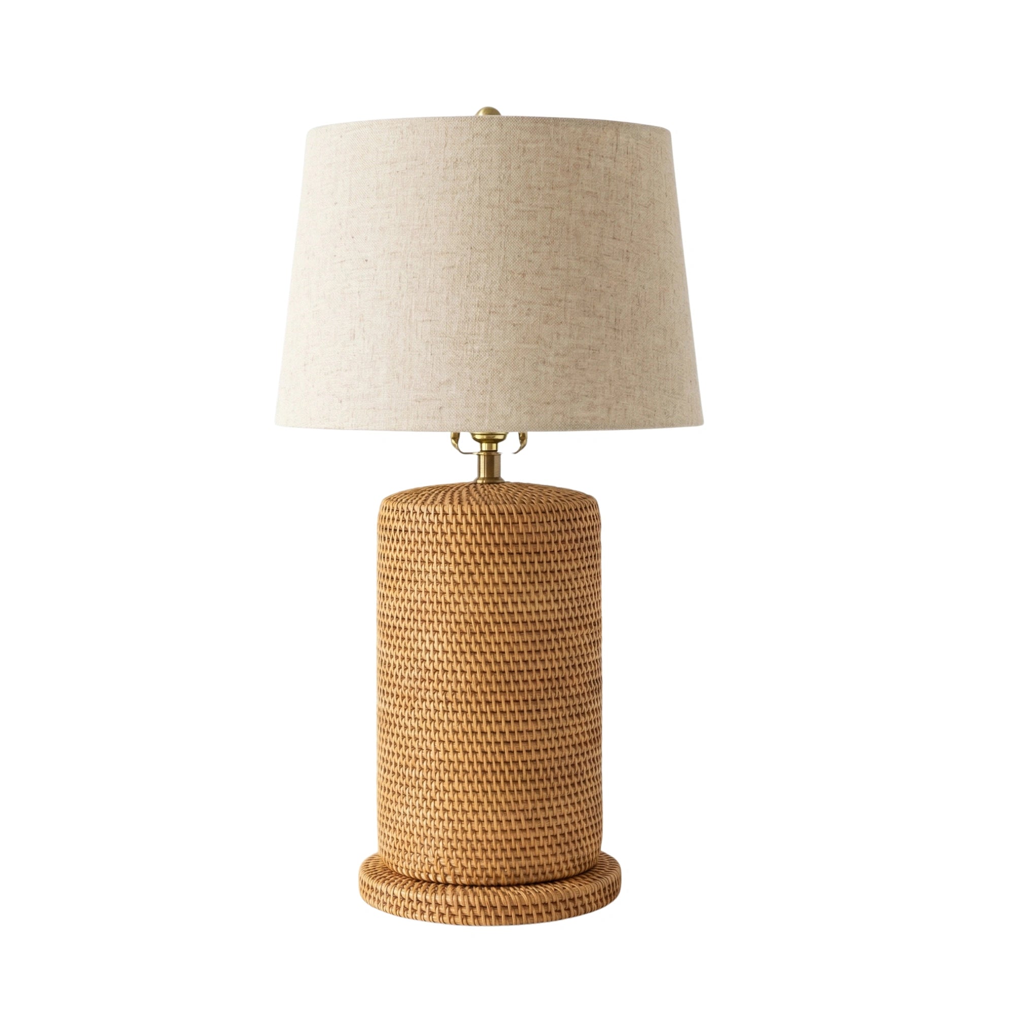 Wodex Woven Rattan Column Table Lamp with Linen Drum Shade