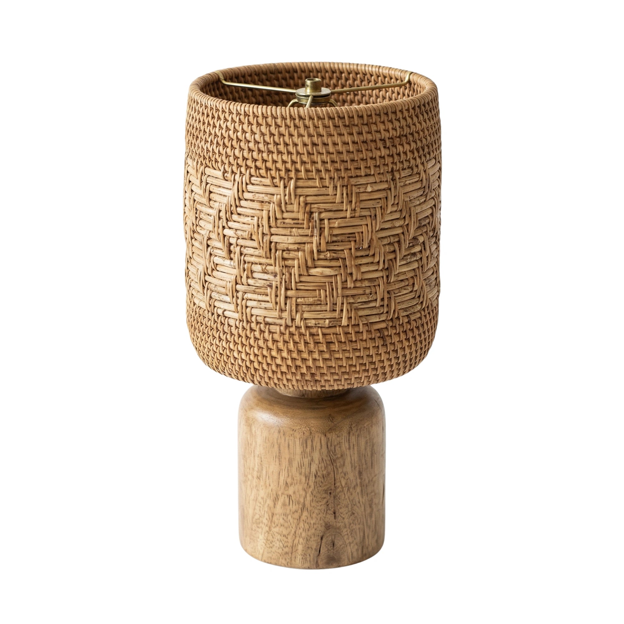 Wodex Geometric Woven Rattan Table Lamp with Chunky Solid Wood Base