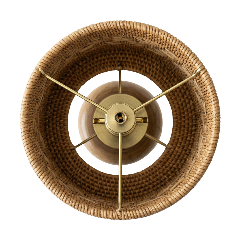 Wodex Geometric Woven Rattan Table Lamp with Chunky Solid Wood Base