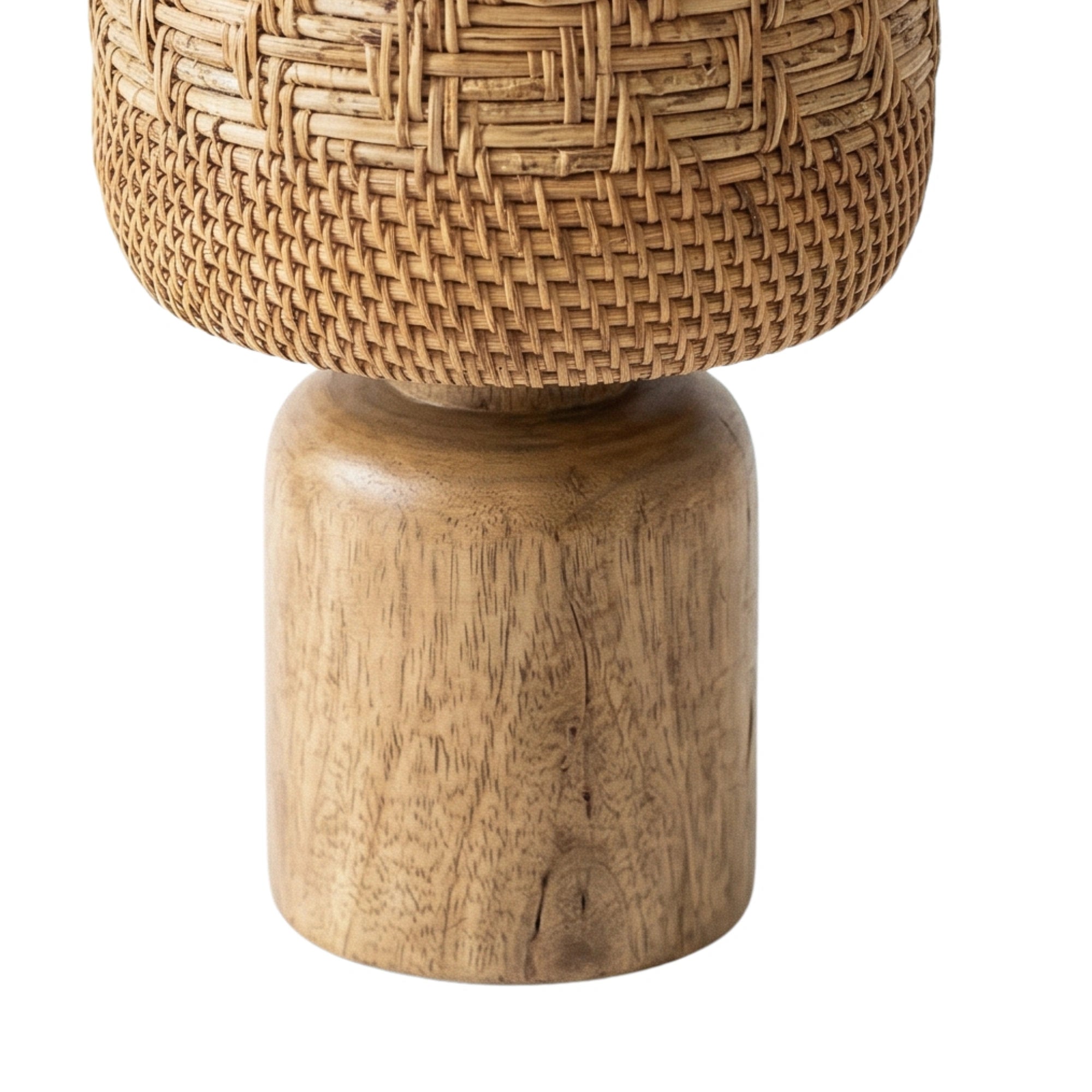 Wodex Geometric Woven Rattan Table Lamp with Chunky Solid Wood Base