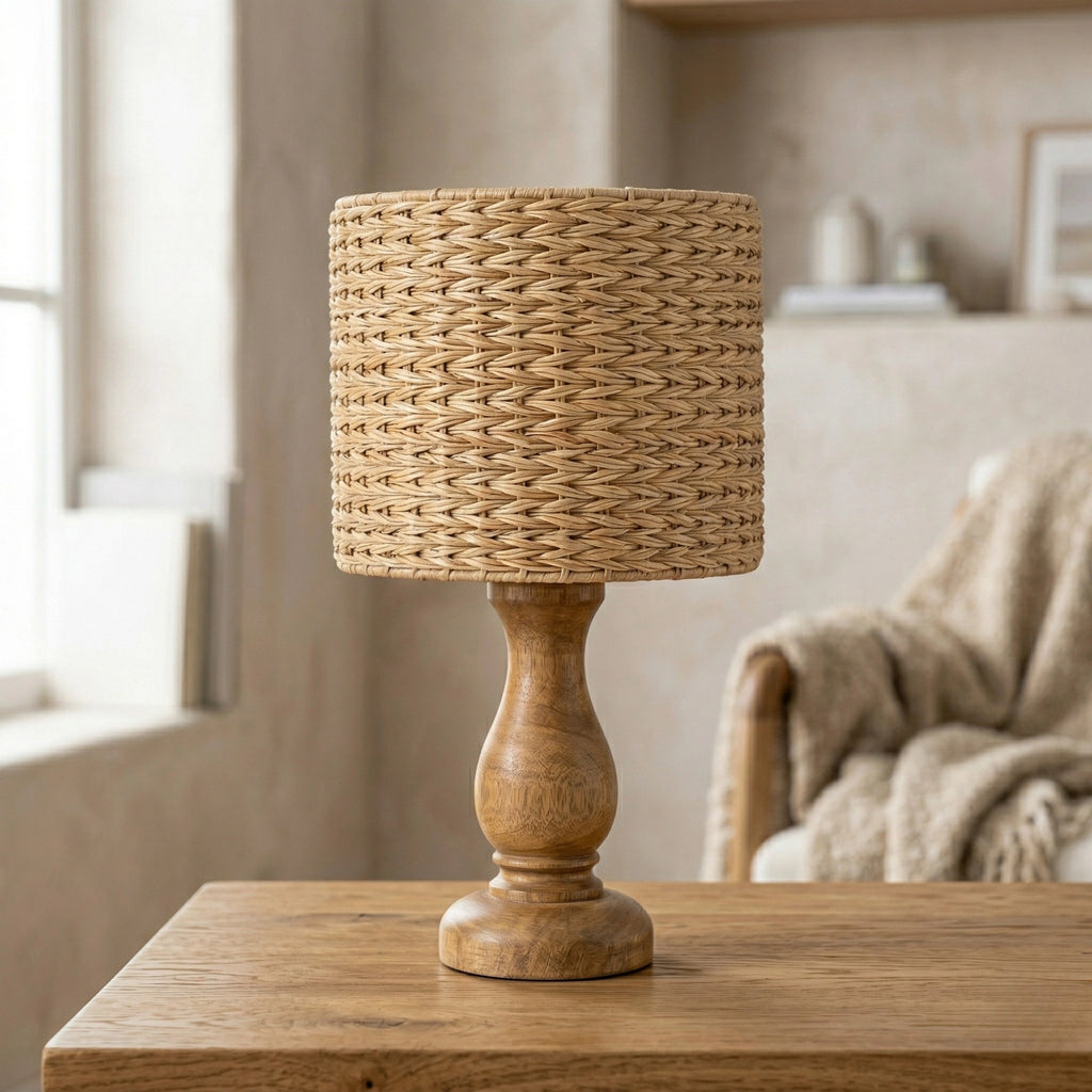 Wodex Natural Rattan Table Lamp with Solid Wood Base