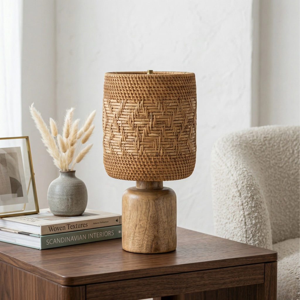 Wodex Geometric Woven Rattan Table Lamp with Chunky Solid Wood Base