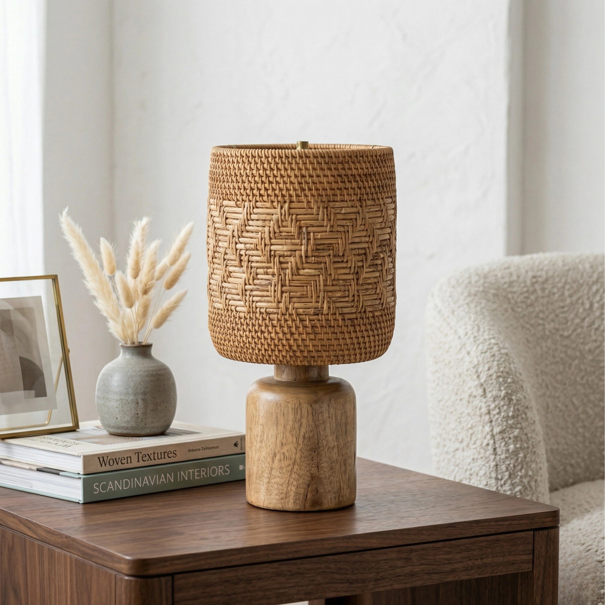 Wodex Geometric Woven Rattan Table Lamp with Chunky Solid Wood Base