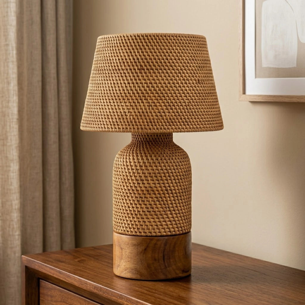 Wodex Woven Rattan Table Lamp with Solid Wood Cylinder Base