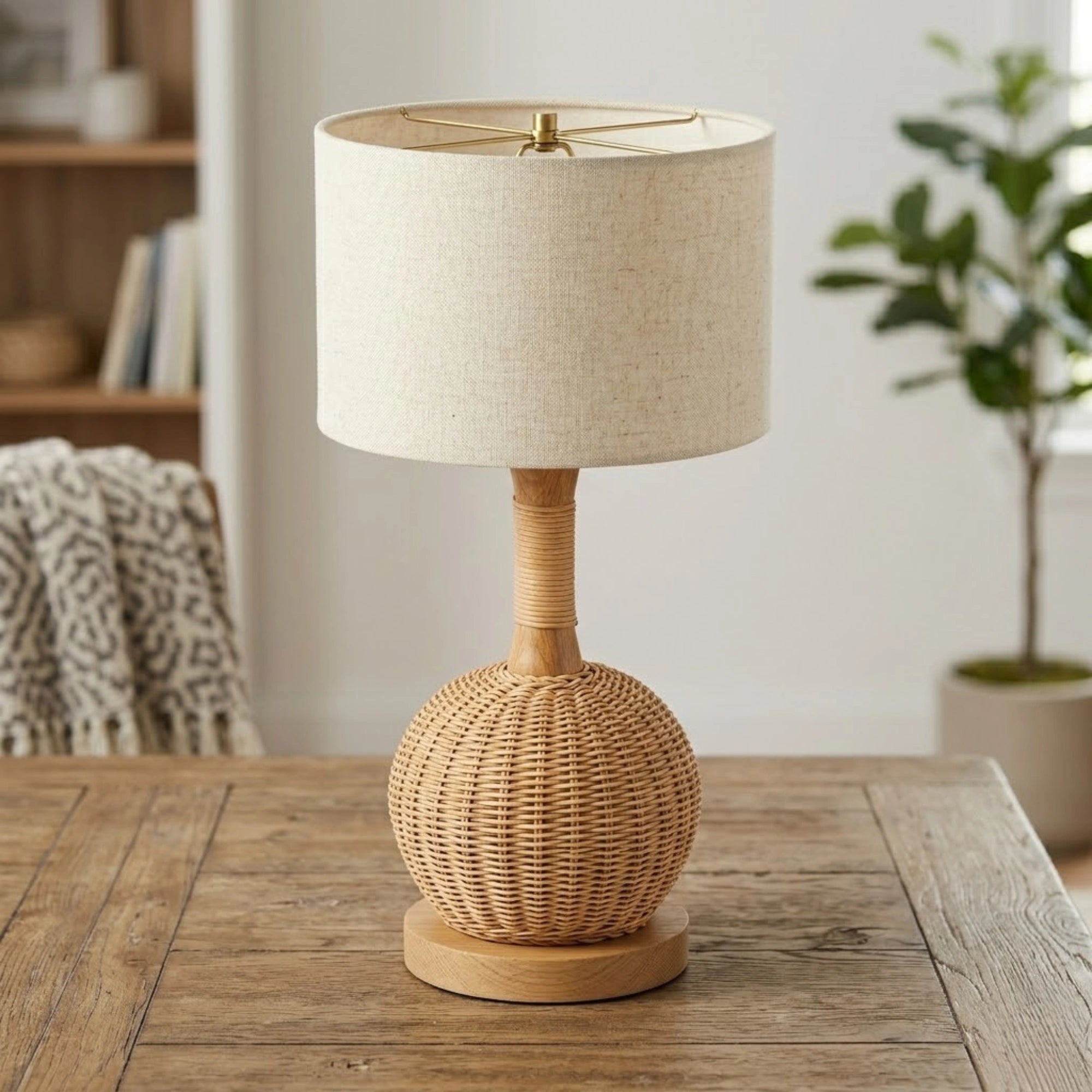 Wodex Spherical Rattan Table Lamp with Linen Drum Shade