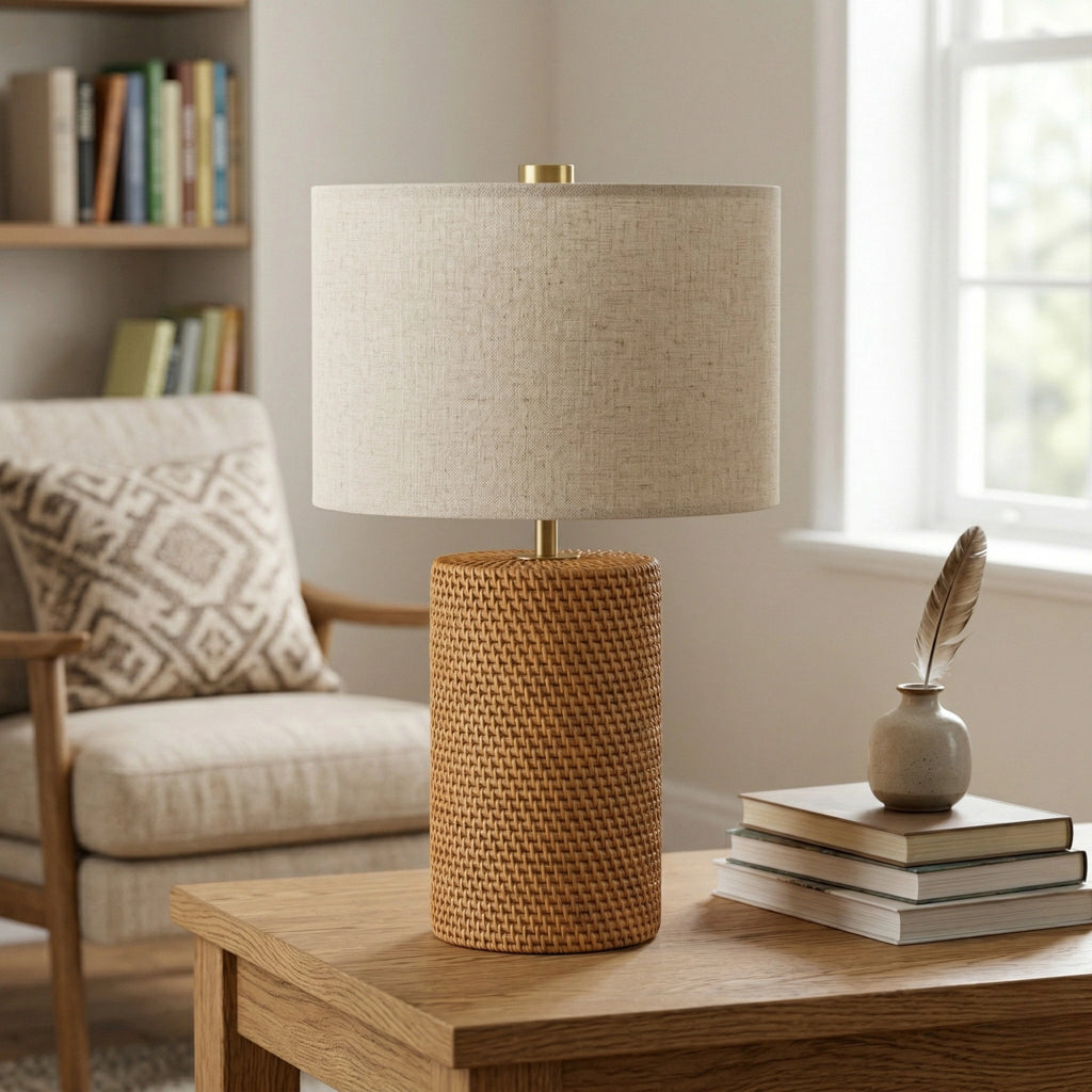 Wodex Woven Rattan Column Table Lamp with Linen Drum Shade