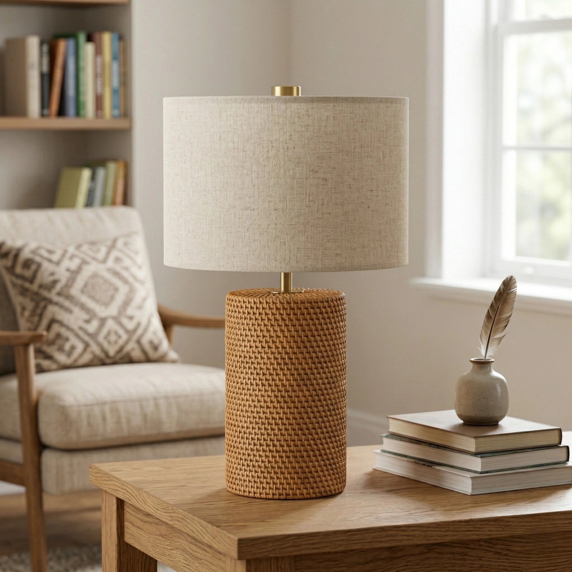 Wodex Woven Rattan Column Table Lamp with Linen Drum Shade