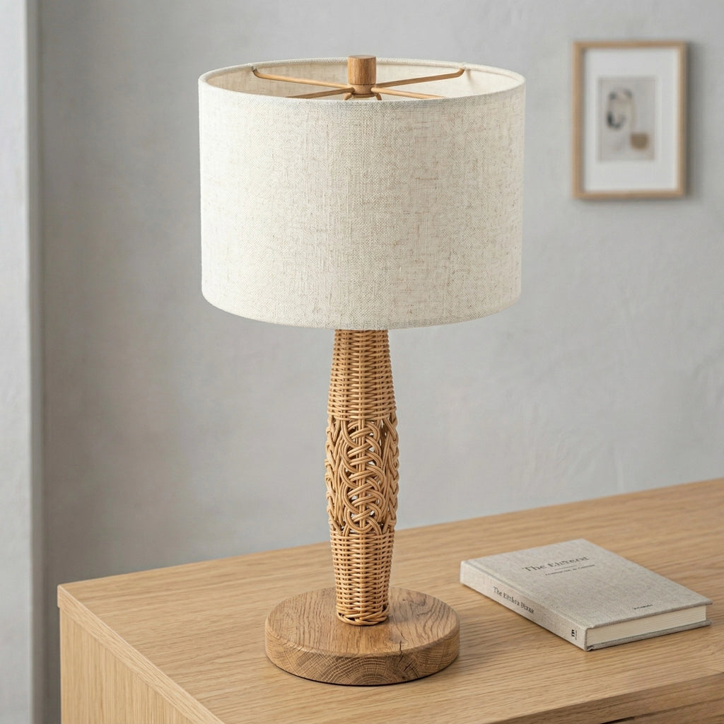 Wodex Braided Rattan Stem Table Lamp with Flat Wood Base