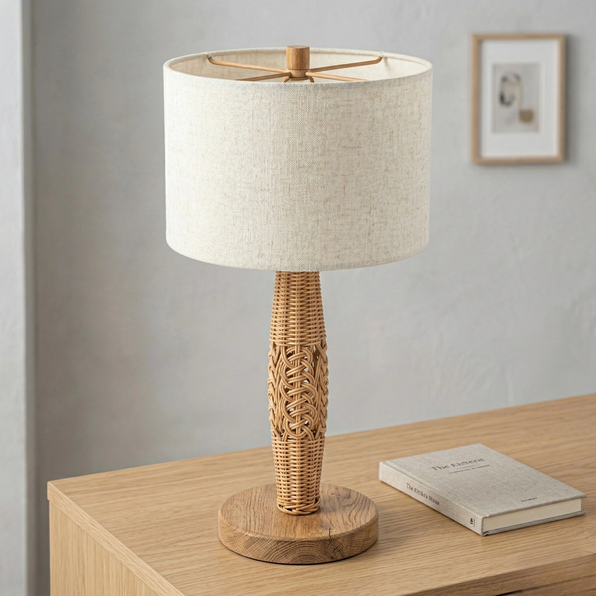 Wodex Braided Rattan Stem Table Lamp with Flat Wood Base